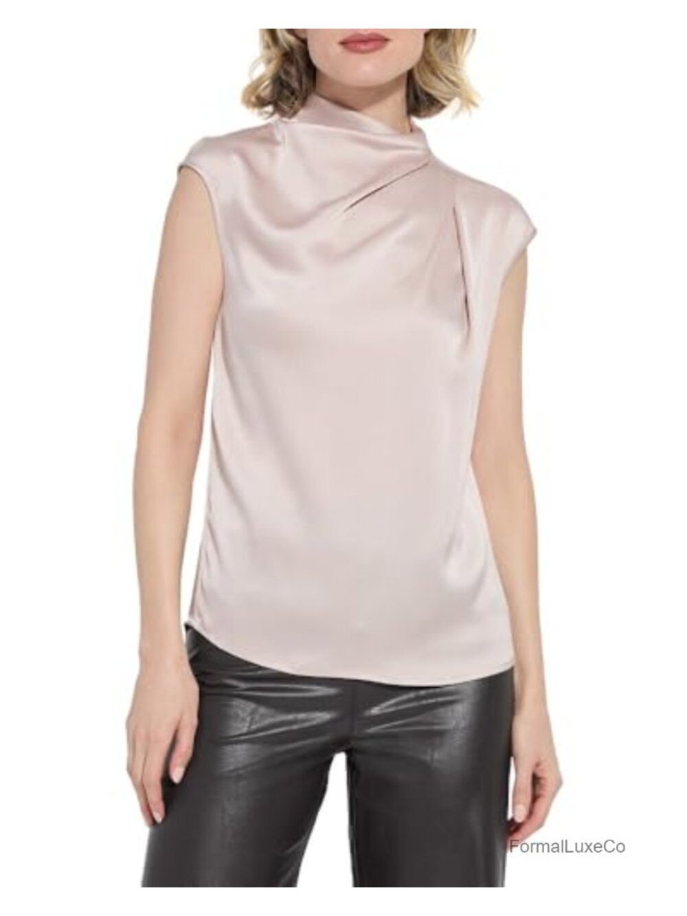 High Neck Draped Blouse Long Sleeve Asymmetric Pull On